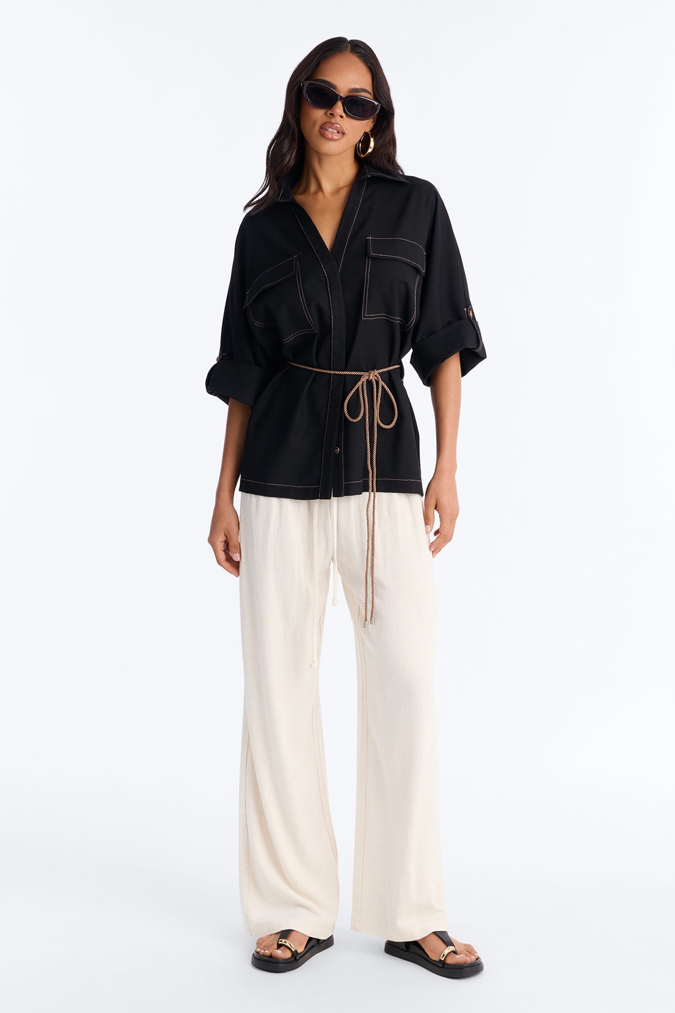 Casual Class Belted Linen Shirt - Black NEWFASHIONEDGE