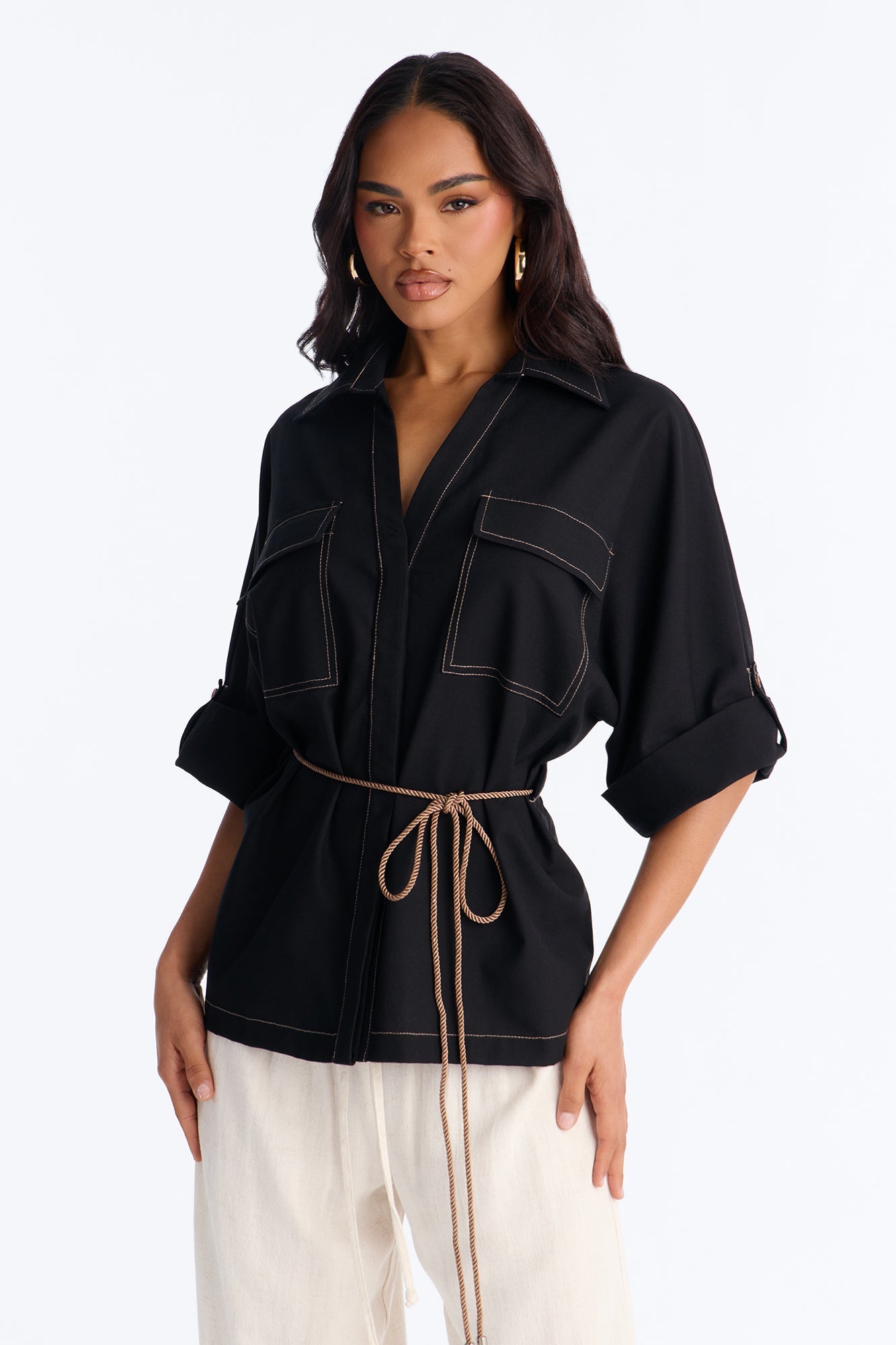 Casual Class Belted Linen Shirt - Black NEWFASHIONEDGE