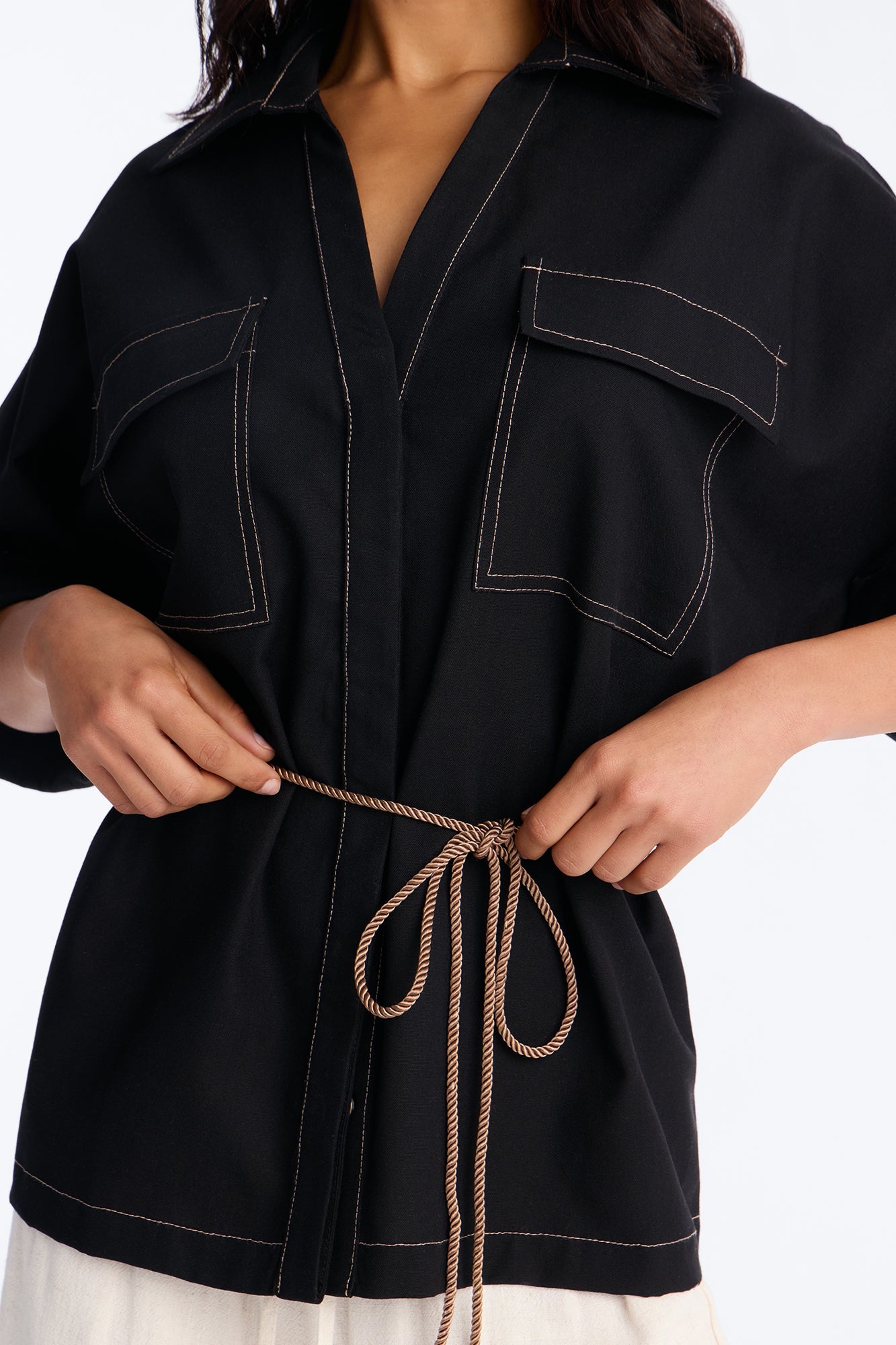 Casual Class Belted Linen Shirt - Black