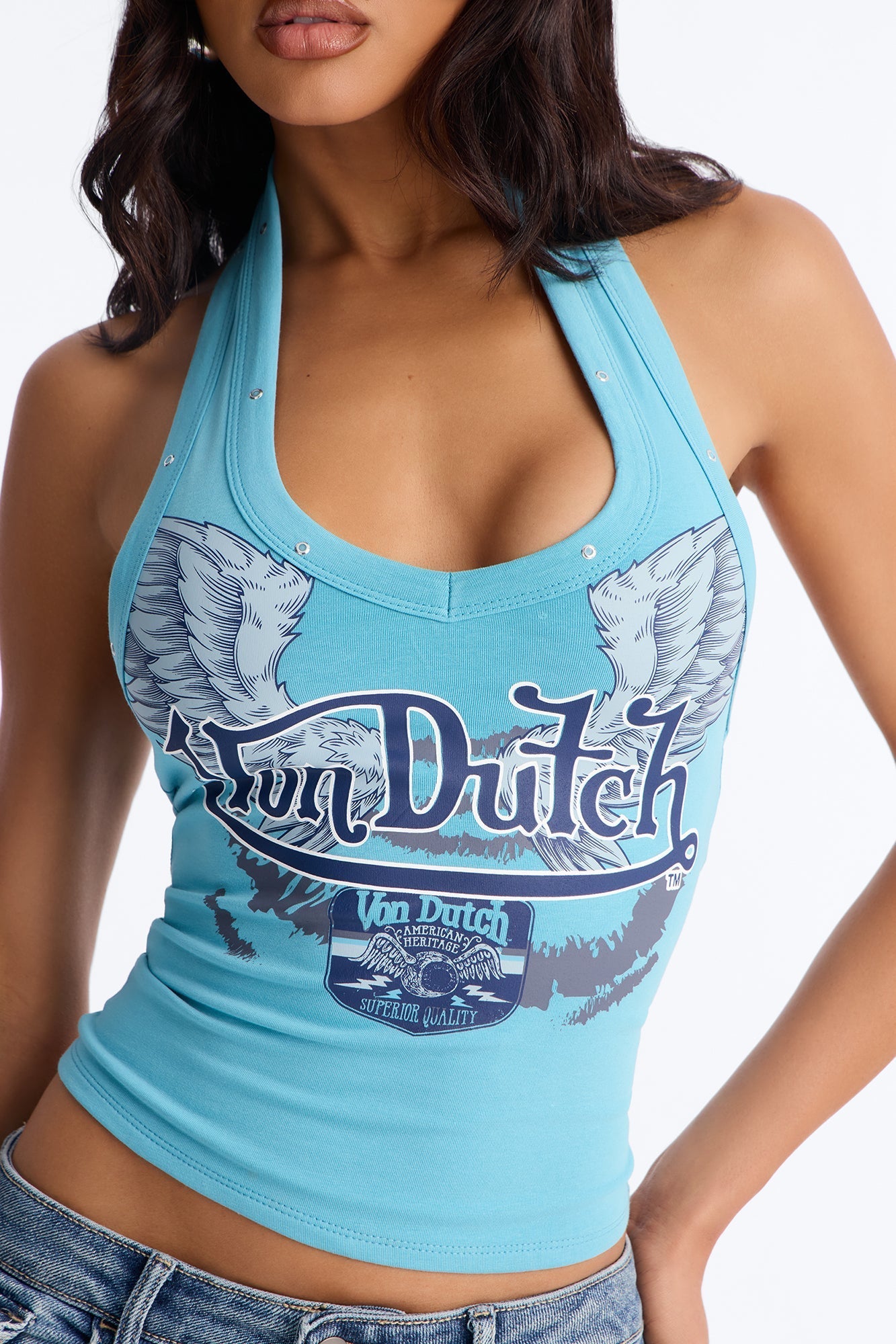 Von Dutch Rocker Halter Top With Grommets - Light Blue NEWFASHIONEDGE