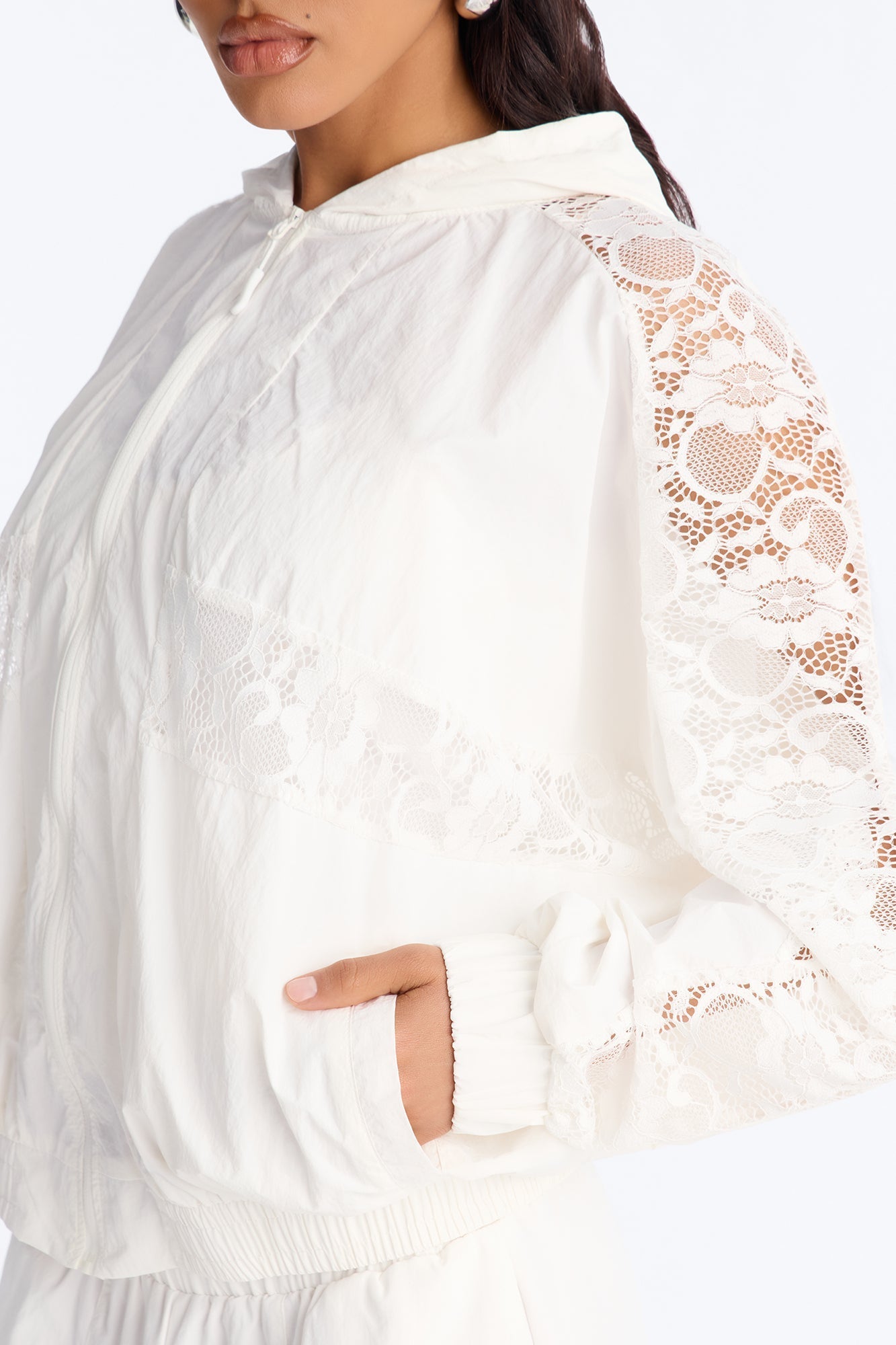 Sweet Addiction Lace Trim Windbreaker Jacket - White