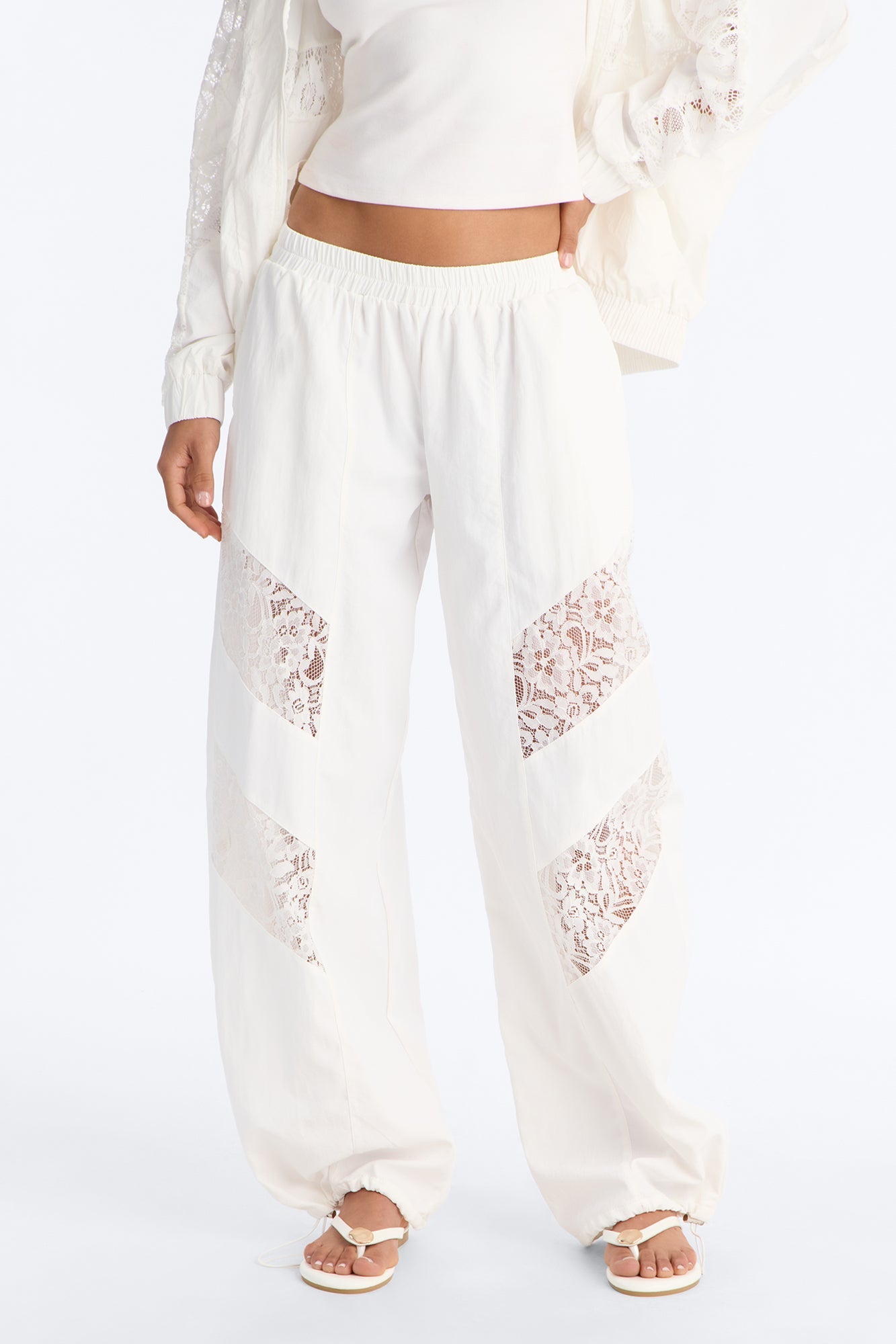 Sweet Addiction Lace Trim Windbreaker Pant - White