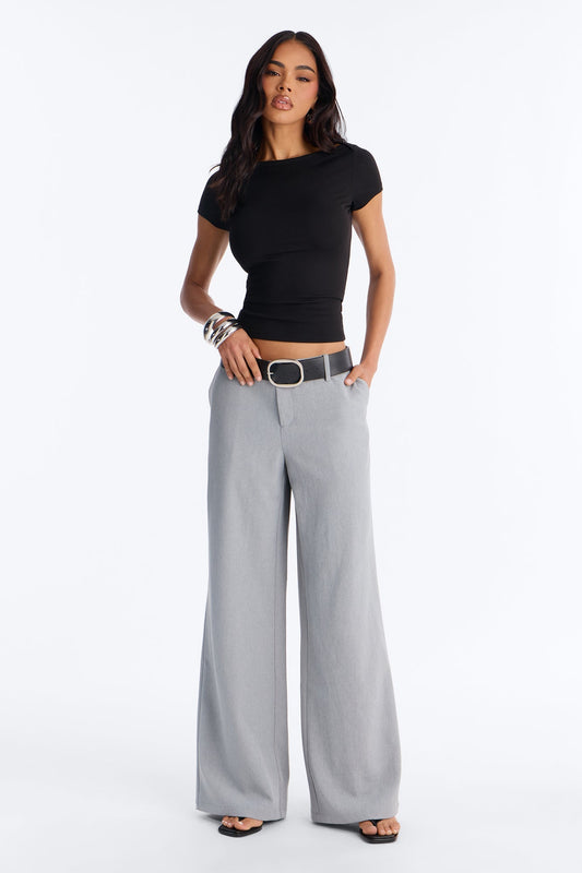 Angelina Low Rise Belted Straight Leg Trouser - Grey NEWFASHIONEDGE