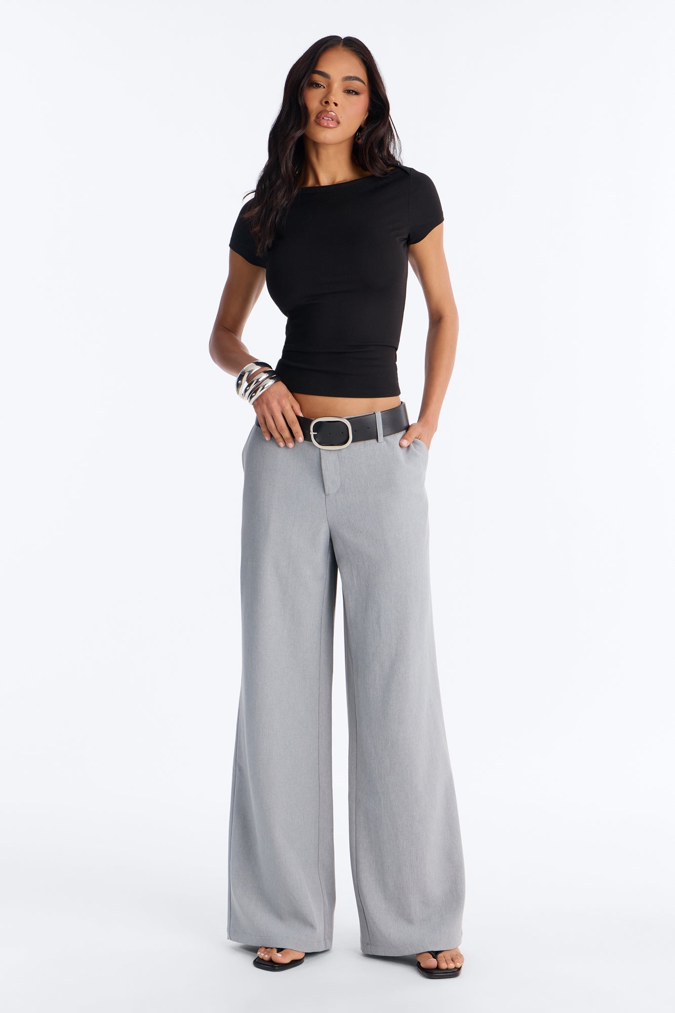 Angelina Low Rise Belted Straight Leg Trouser - Grey