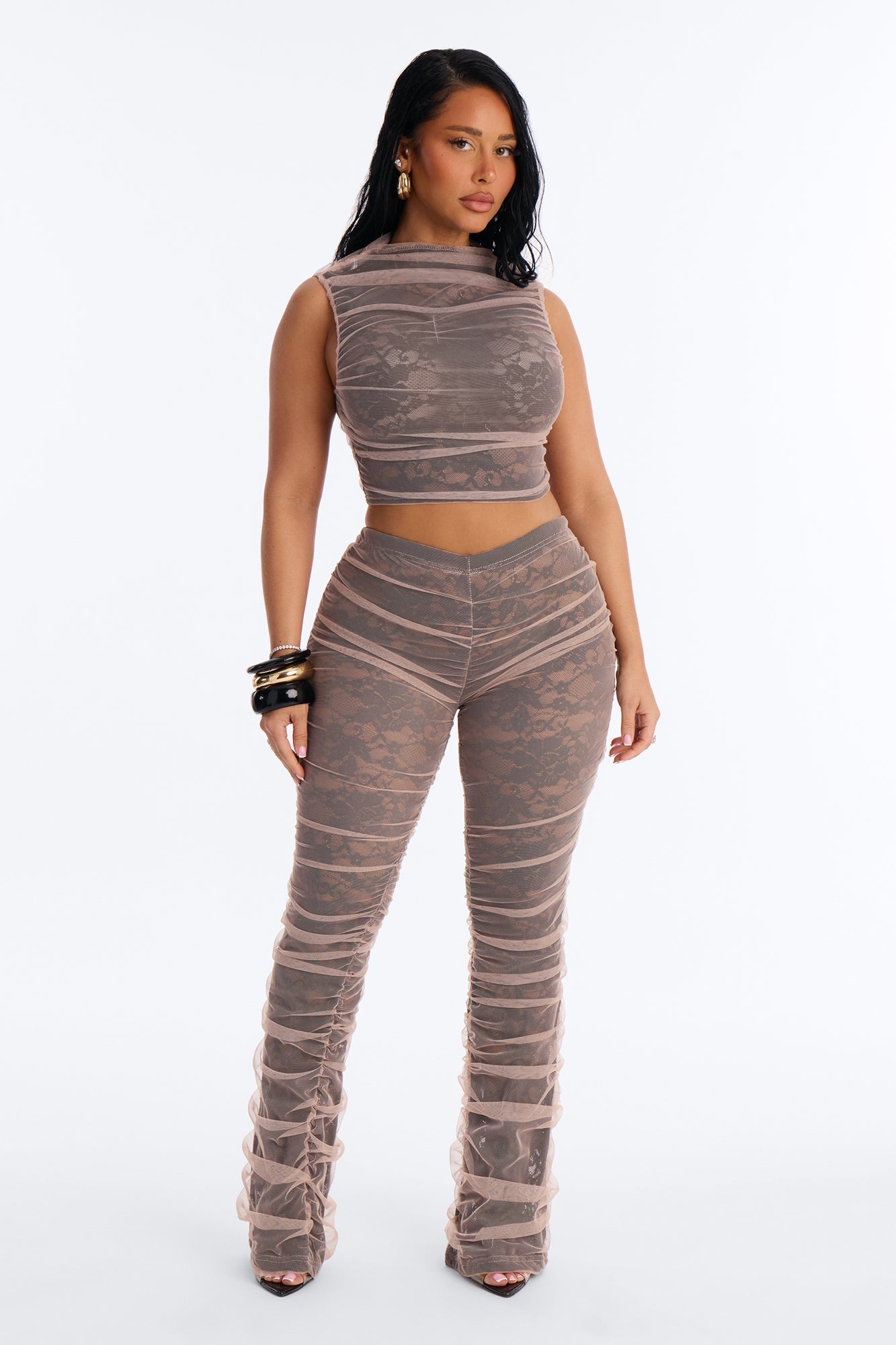 Quinn Ruched Lace Flare Pant Set - Black/combo NEWFASHIONEDGE