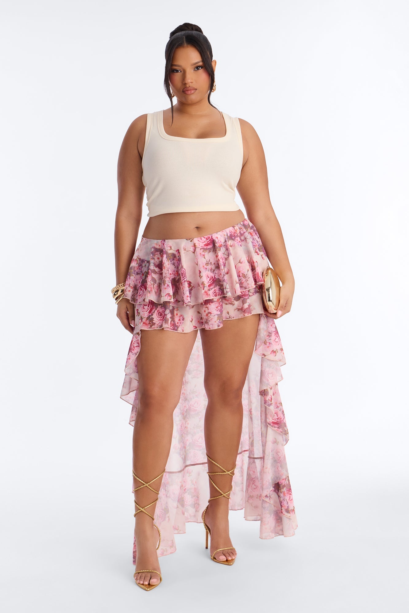Love For You Floral Chiffon High Low Ruffle Skort - Pink/combo Fashion Nova