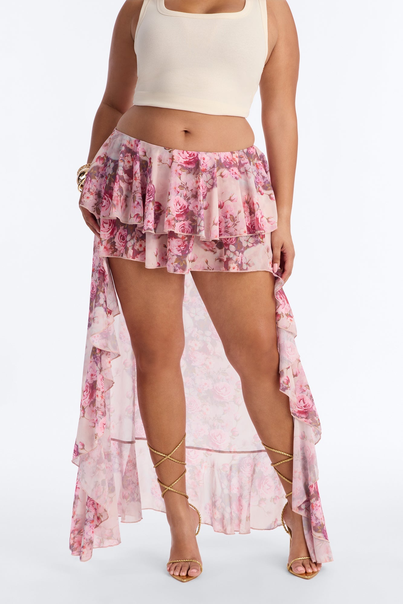 Love For You Floral Chiffon High Low Ruffle Skort - Pink/combo Fashion Nova