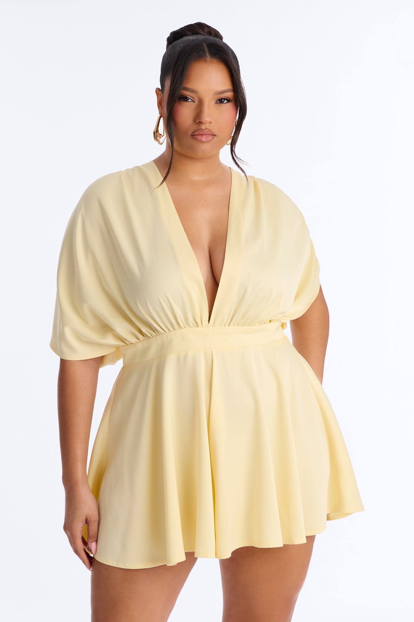 Mekenzy Satin Plunge Romper - Yellow