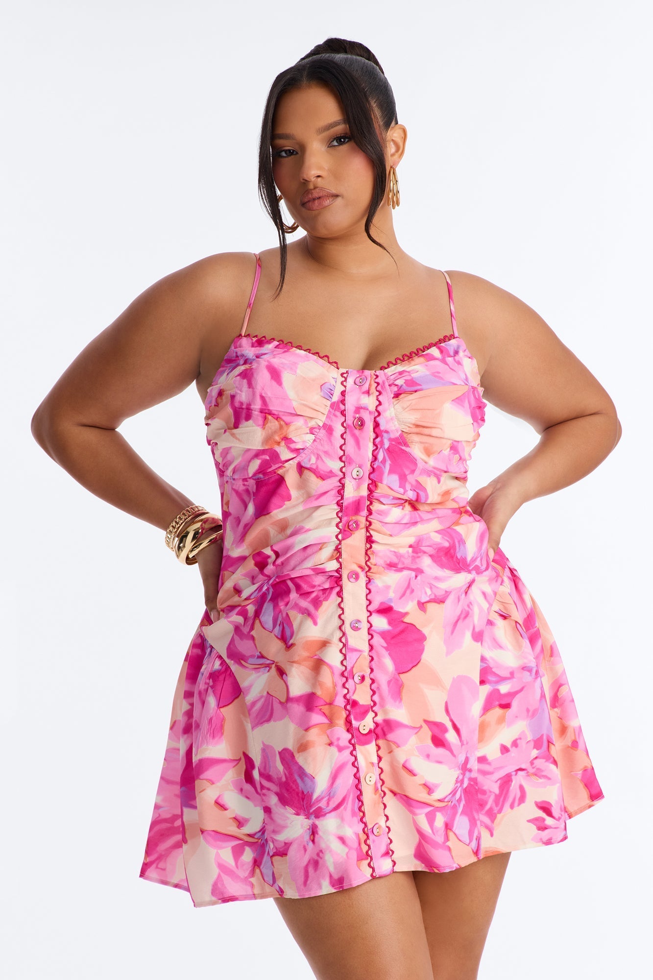 Brenda Floral Button Up Mini Dress - Pink/combo