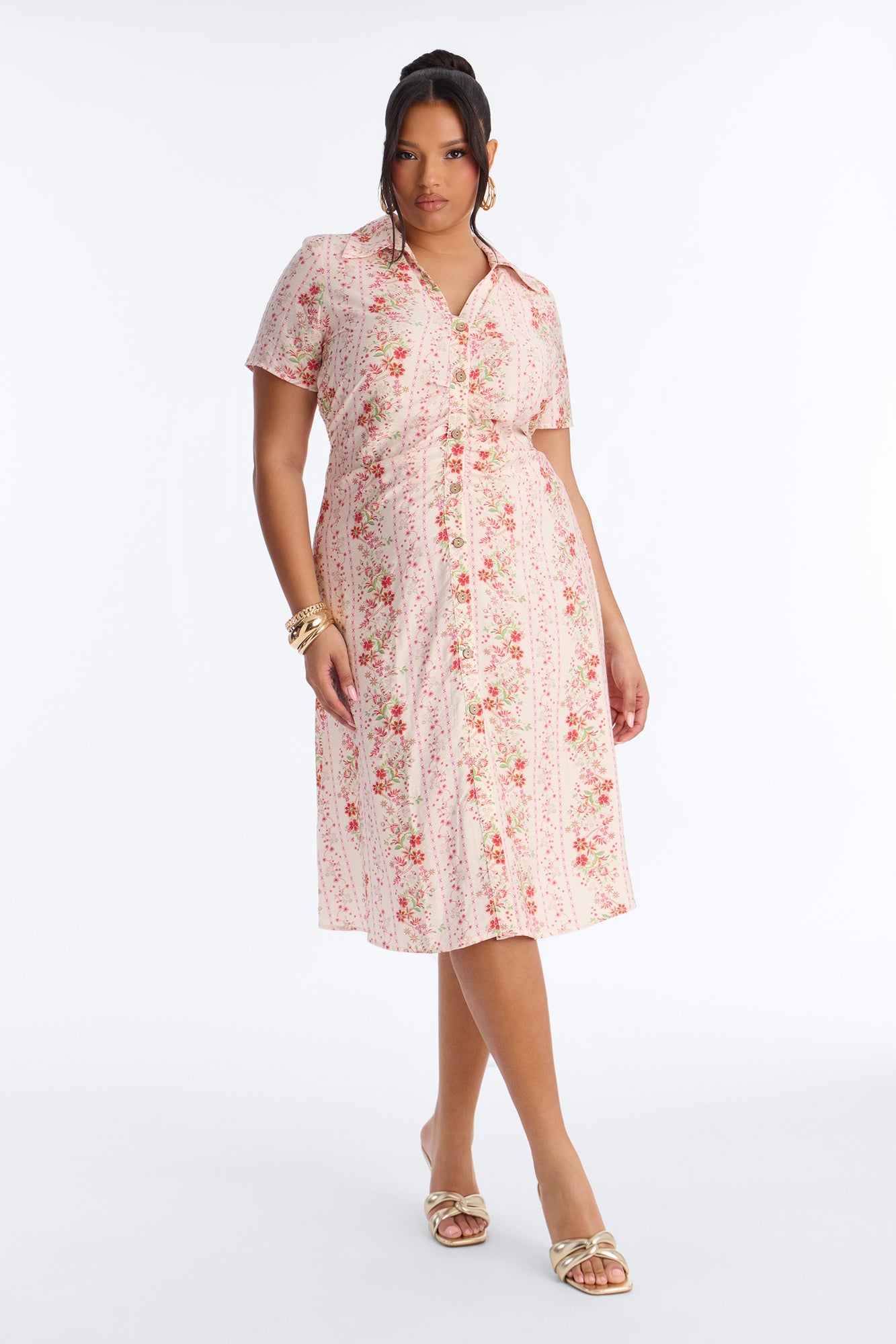Selene Ruched Floral Midi Shirt Dress - Pink/combo Fashion Nova