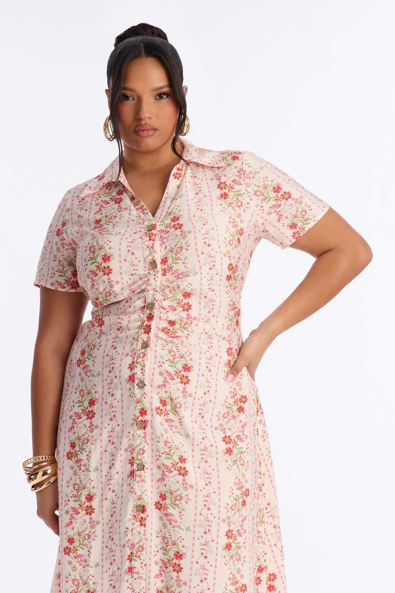 Selene Ruched Floral Midi Shirt Dress - Pink/combo Fashion Nova