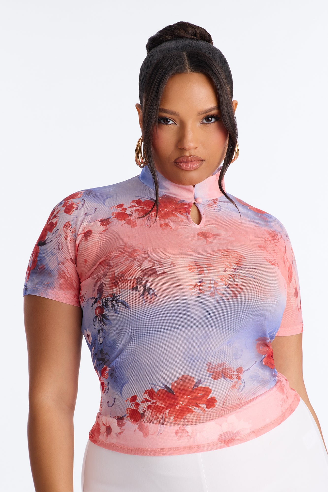 Daytime Blossom Mesh Mock Neck Short Sleeve Top - Pink/combo Fashion Nova