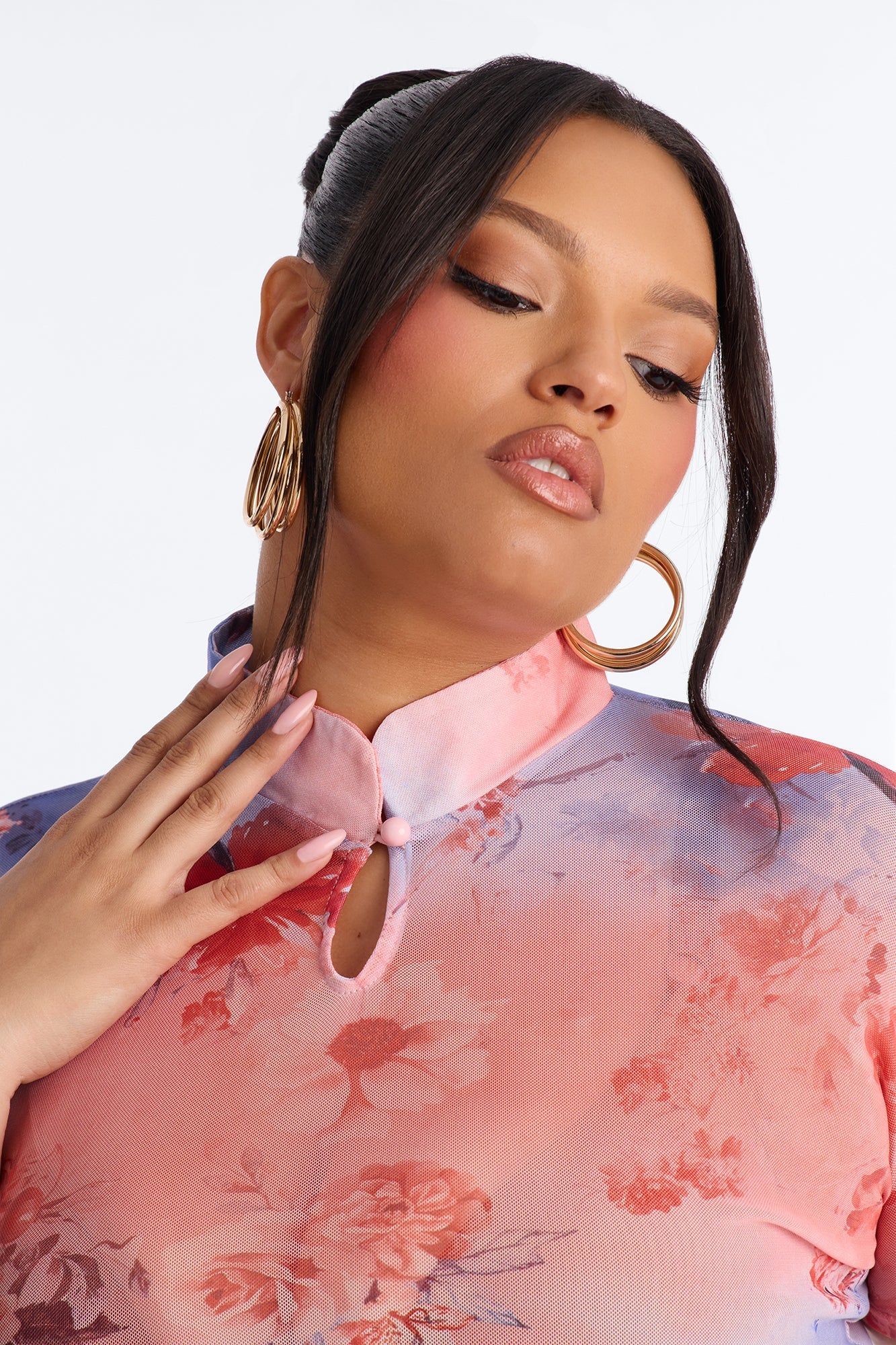 Daytime Blossom Mesh Mock Neck Short Sleeve Top - Pink/combo Fashion Nova
