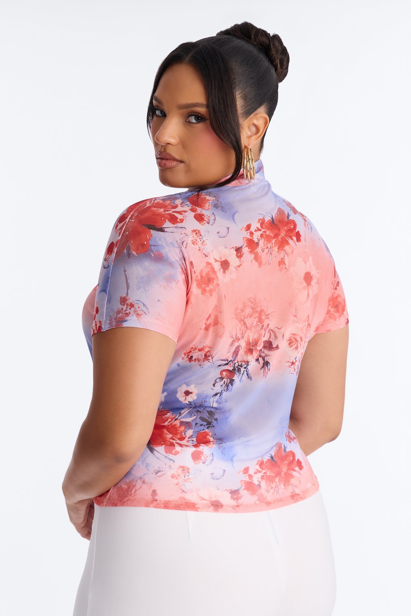 Daytime Blossom Mesh Mock Neck Short Sleeve Top - Pink/combo Fashion Nova
