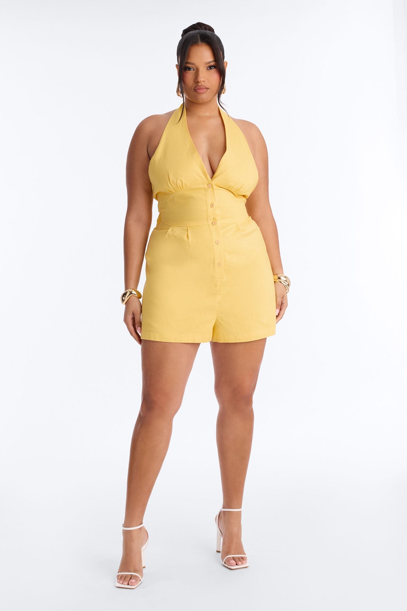 Wynn Backless Halter Romper - Yellow