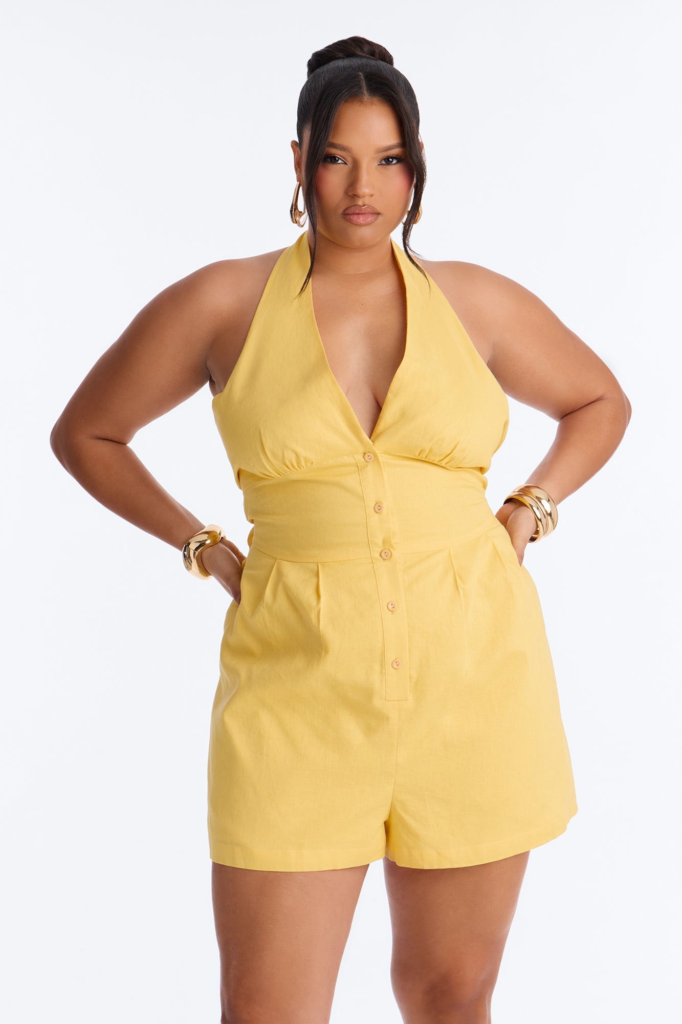 Wynn Backless Halter Romper - Yellow NEWFASHIONEDGE