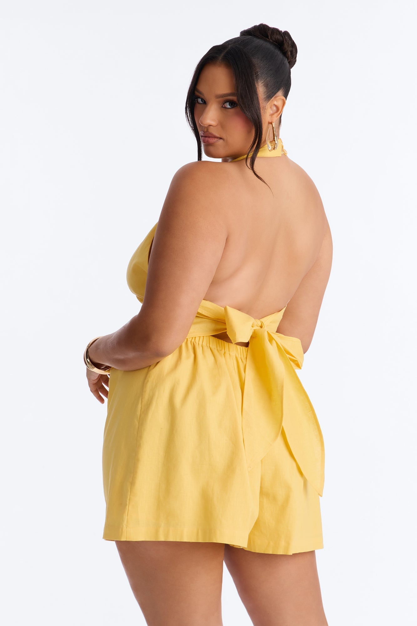 Wynn Backless Halter Romper - Yellow NEWFASHIONEDGE