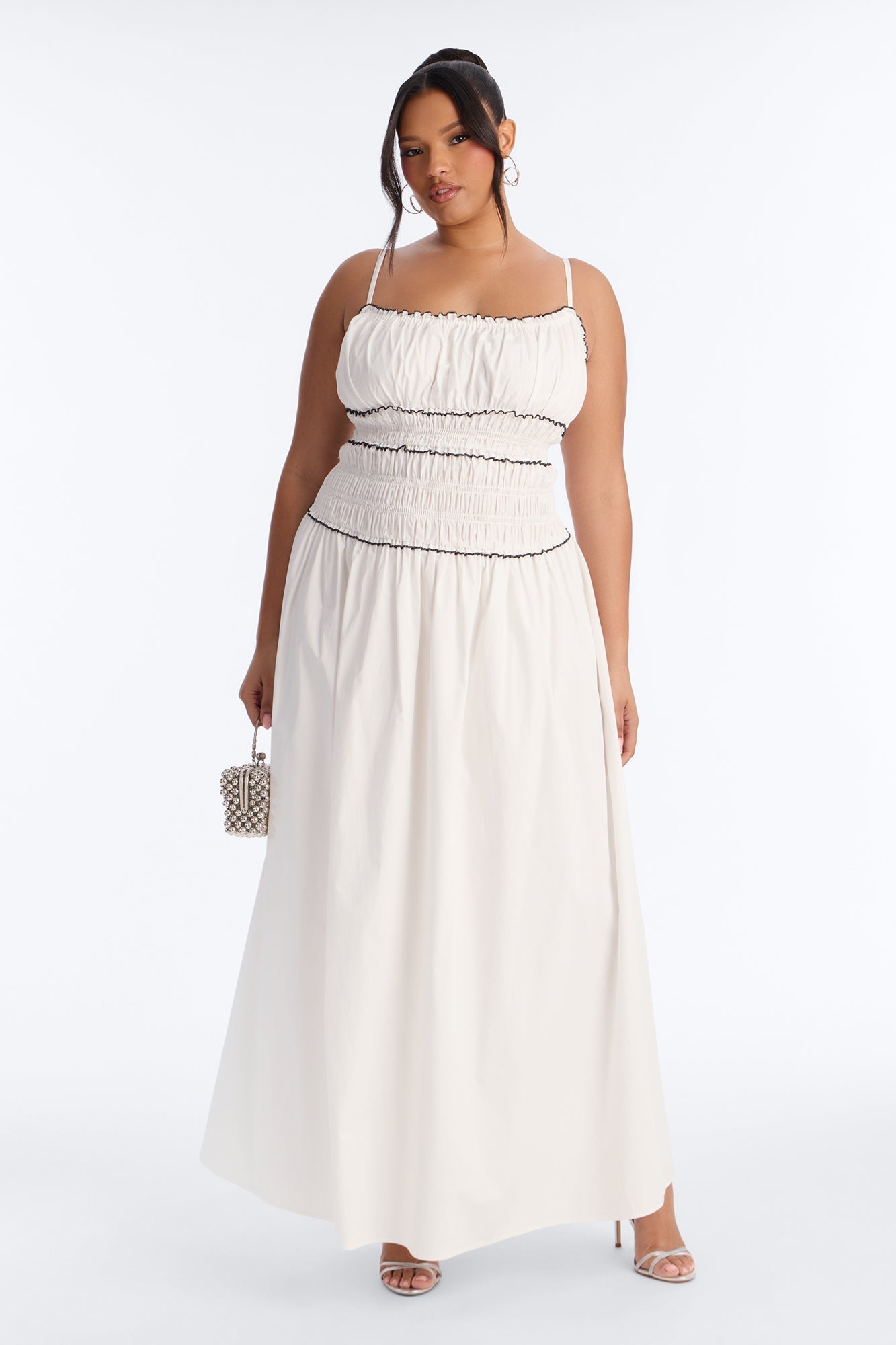 Coastal Breeze Ruched Maxi Dress - White/Black NEWFASHIONEDGE