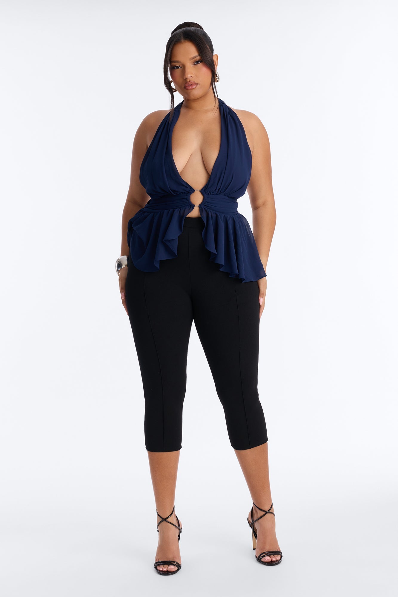 Iced Lattes Ruffle Chiffon Halter Top - Navy NEWFASHIONEDGE
