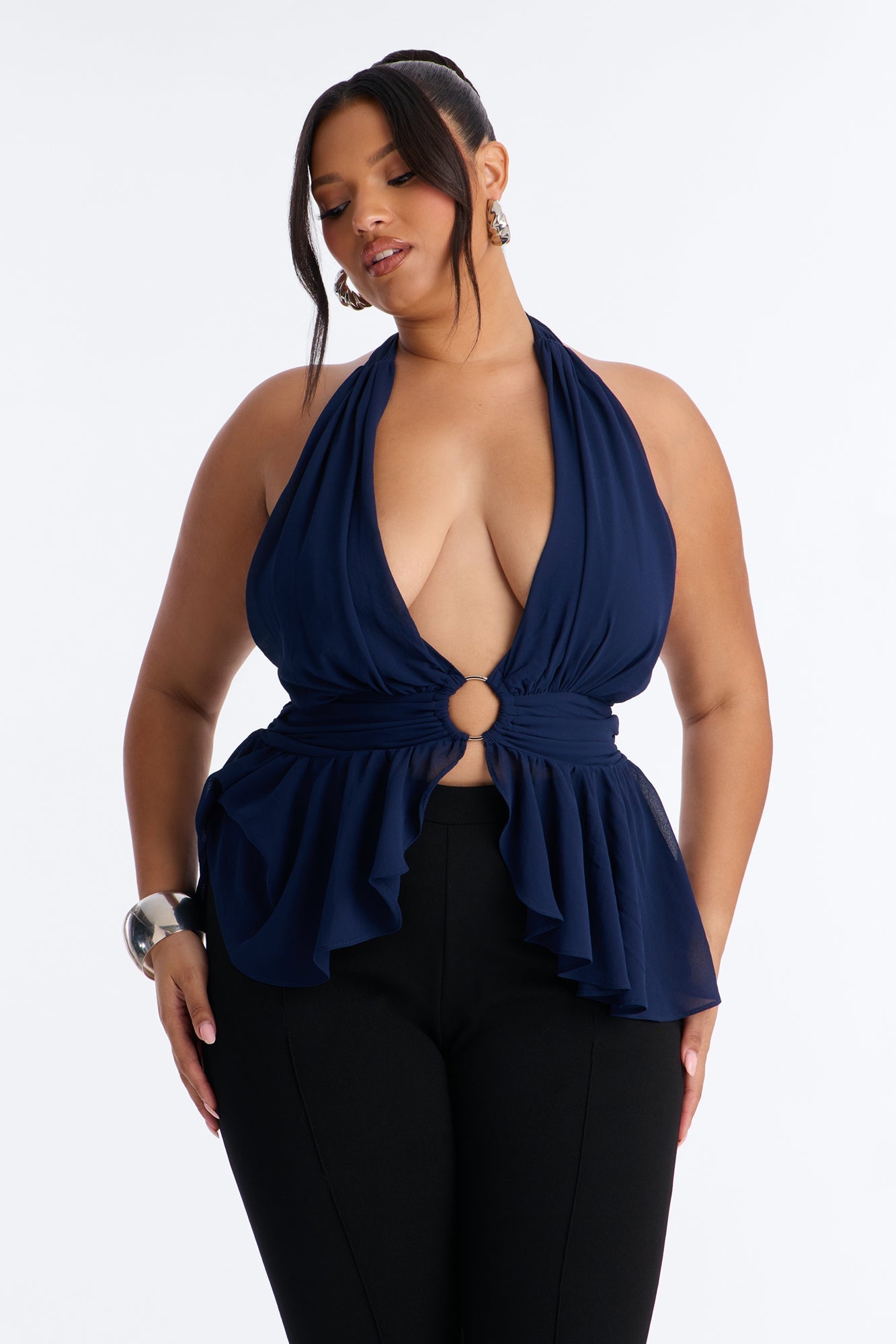Iced Lattes Ruffle Chiffon Halter Top - Navy NEWFASHIONEDGE