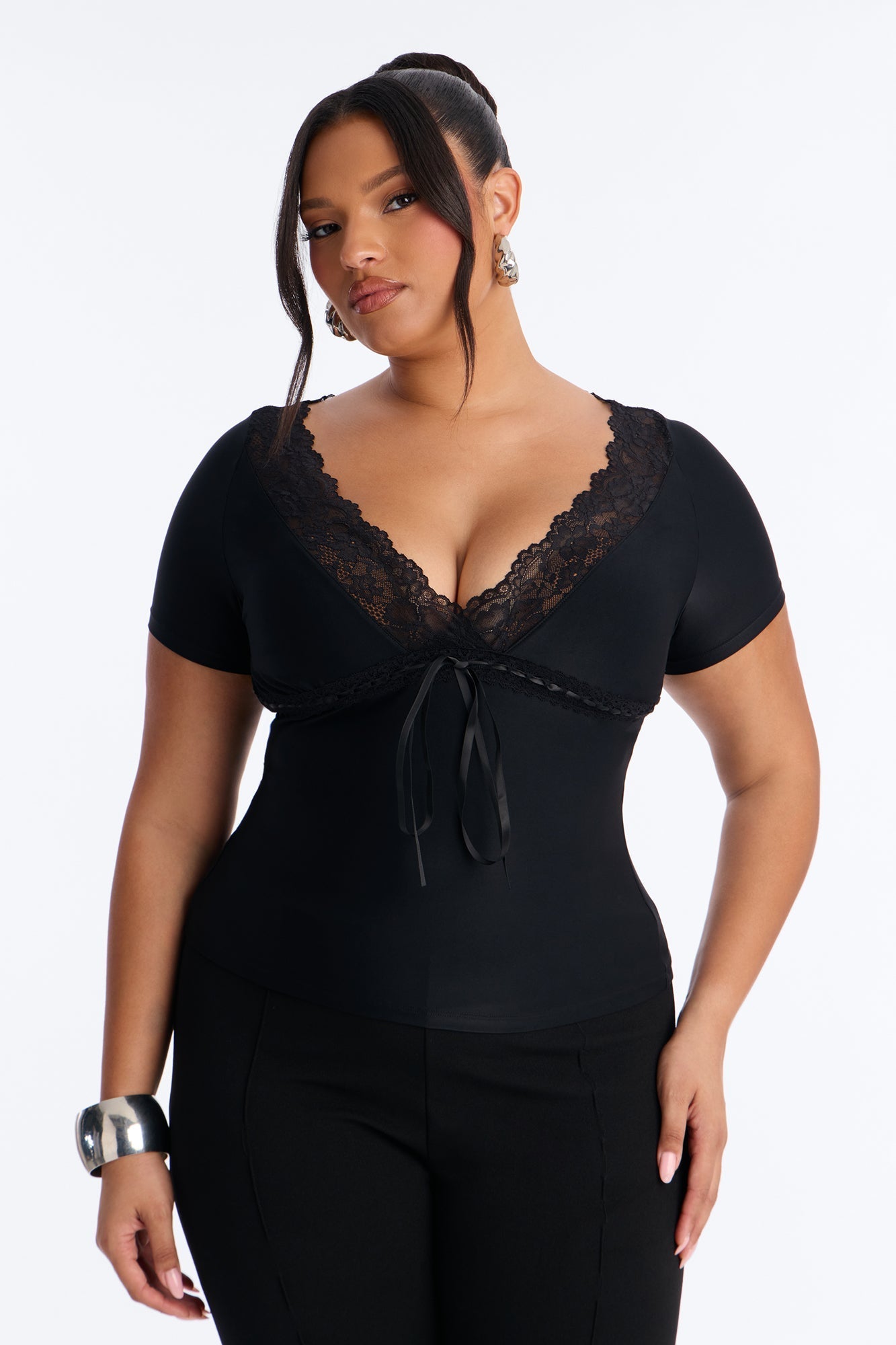 Bridget Lace Trim Short Sleeve Top - Black