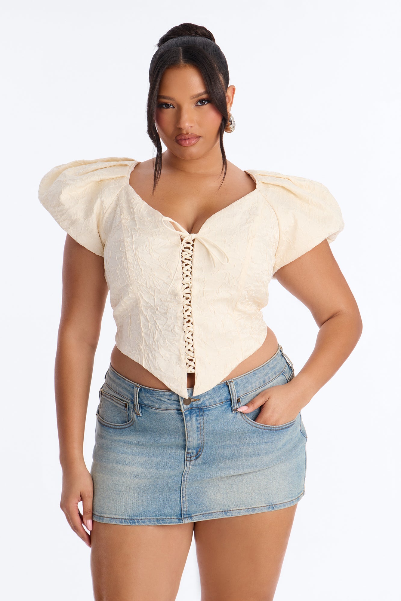 Royal Attitude Puff Sleeve Lace Up Top - Cream