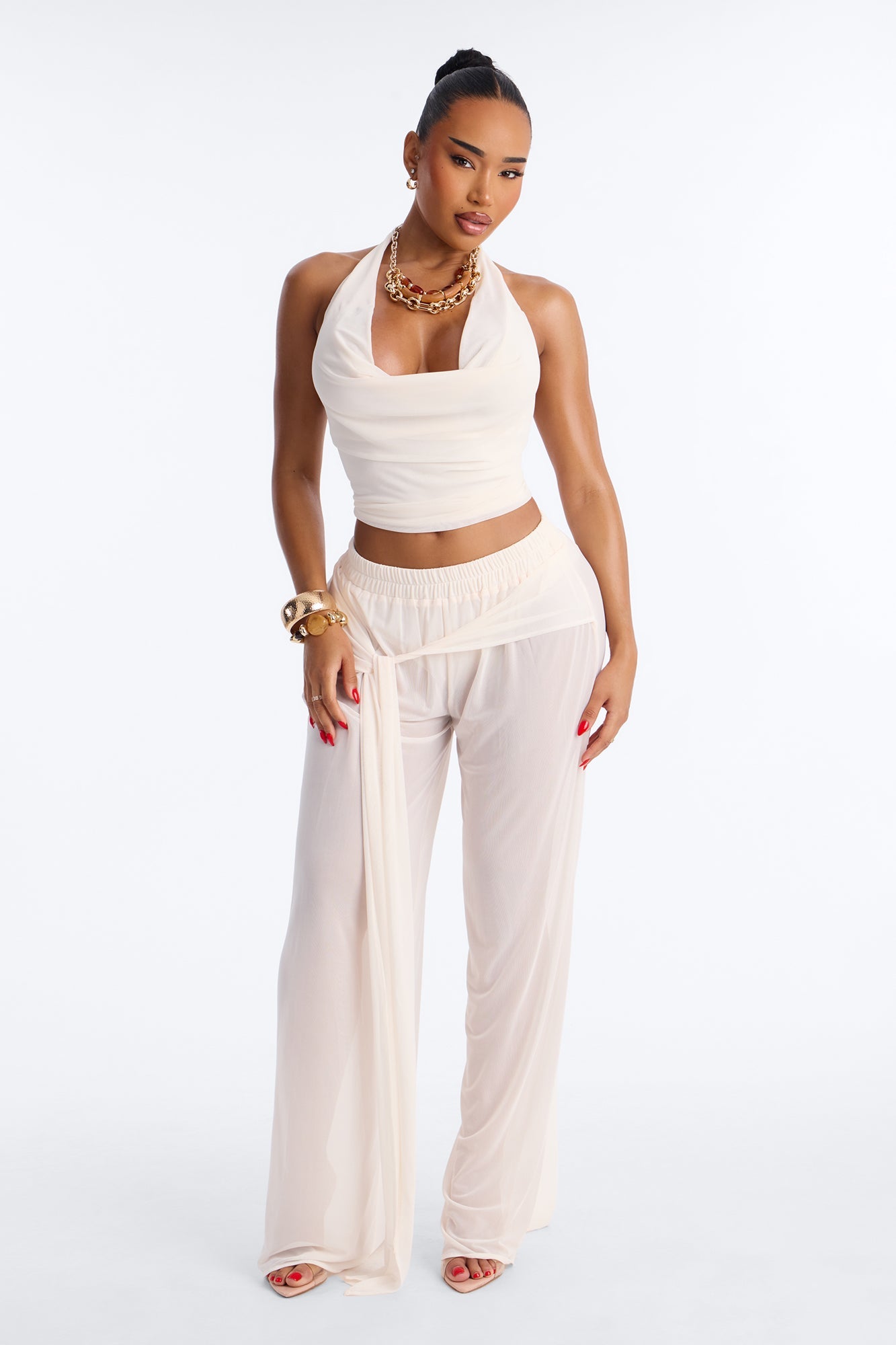 Sheer Obsession Mesh 3 Piece Pant Set - Cream