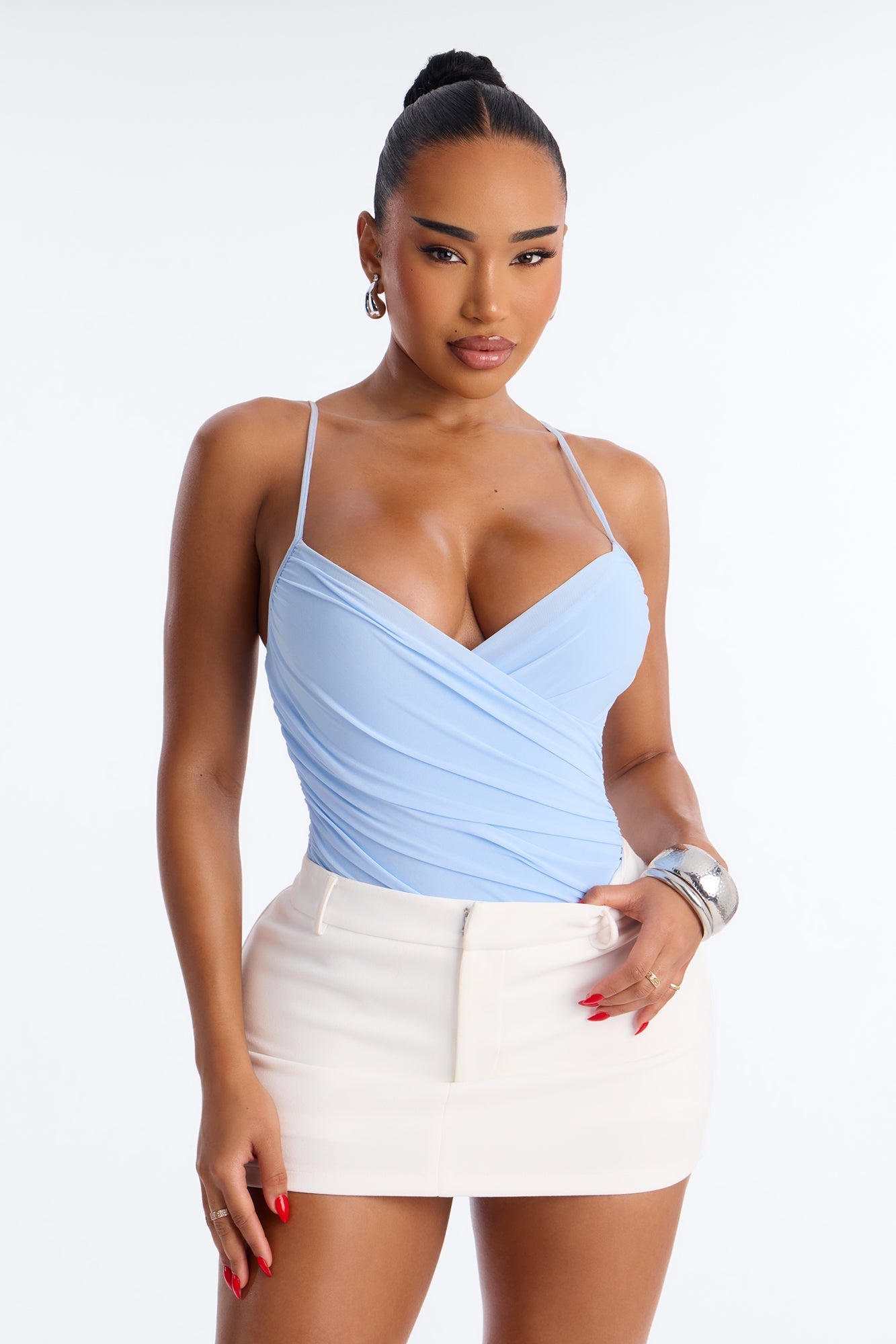 Ariel Ruched Mesh Tank Top Bodysuit - Blue NEWFASHIONEDGE