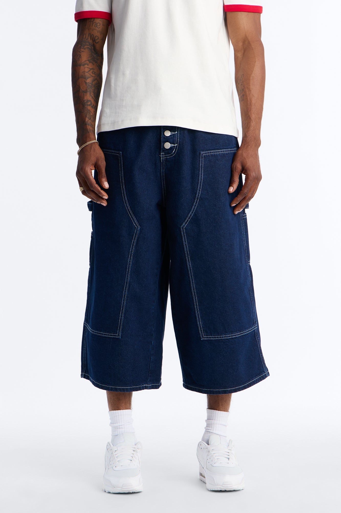 Super Baggy Button Drop Denim Shorts - Dark Wash