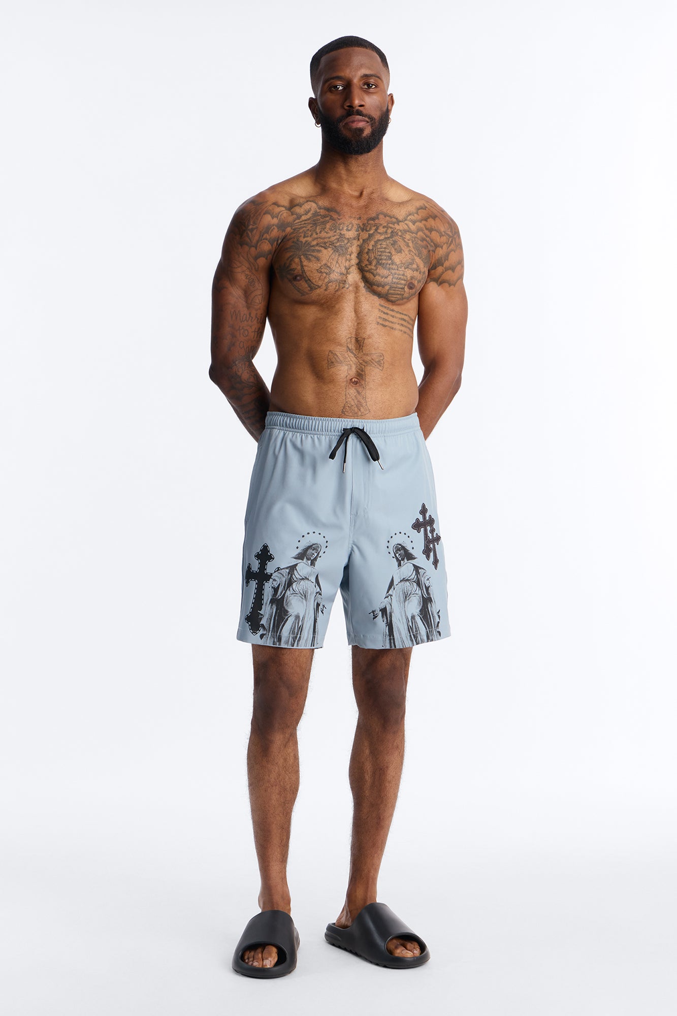 Mirrored Faith Applique Swim Trunk 7″ - Grey