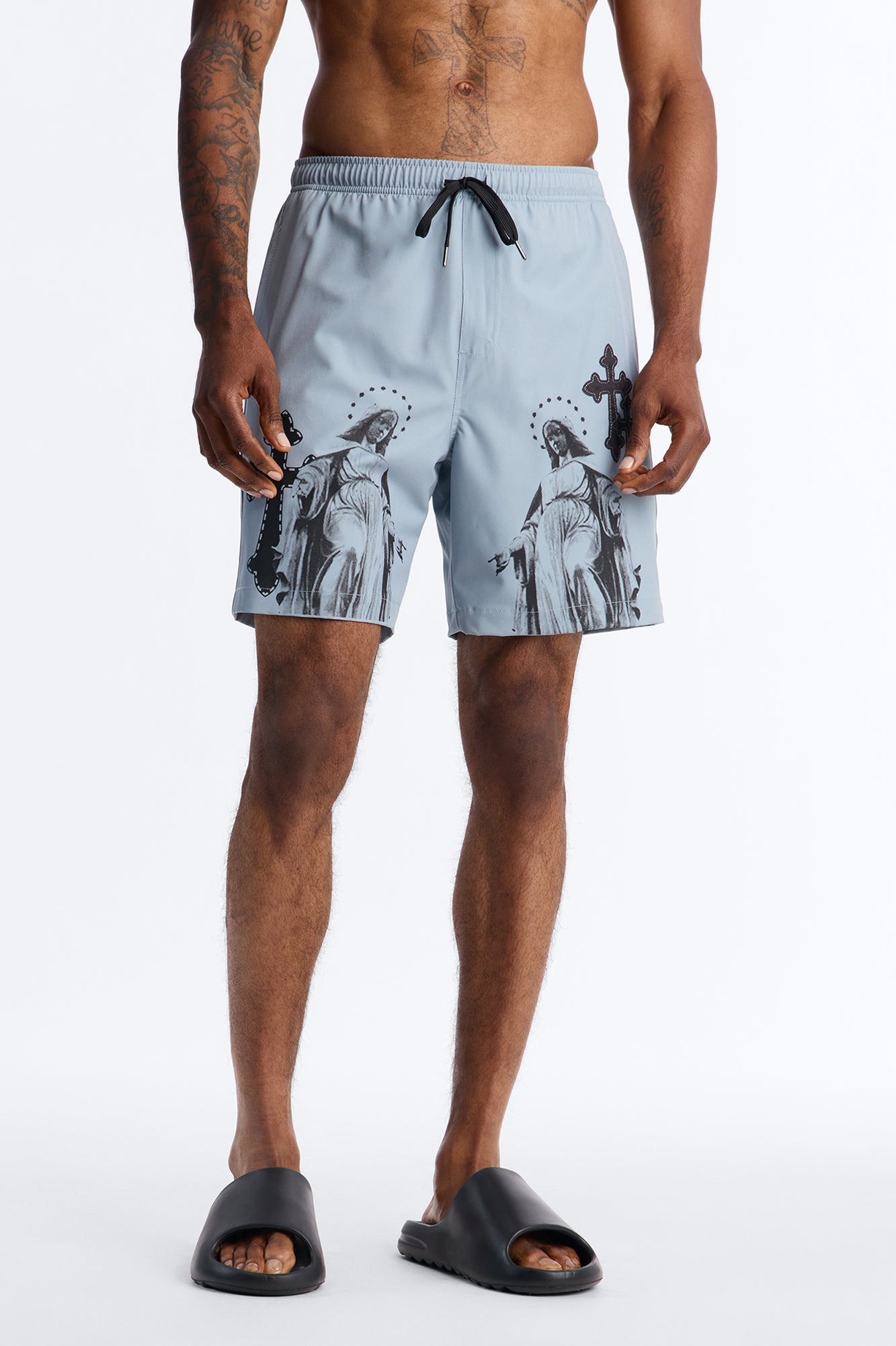 Mirrored Faith Applique Swim Trunk 7″ - Grey