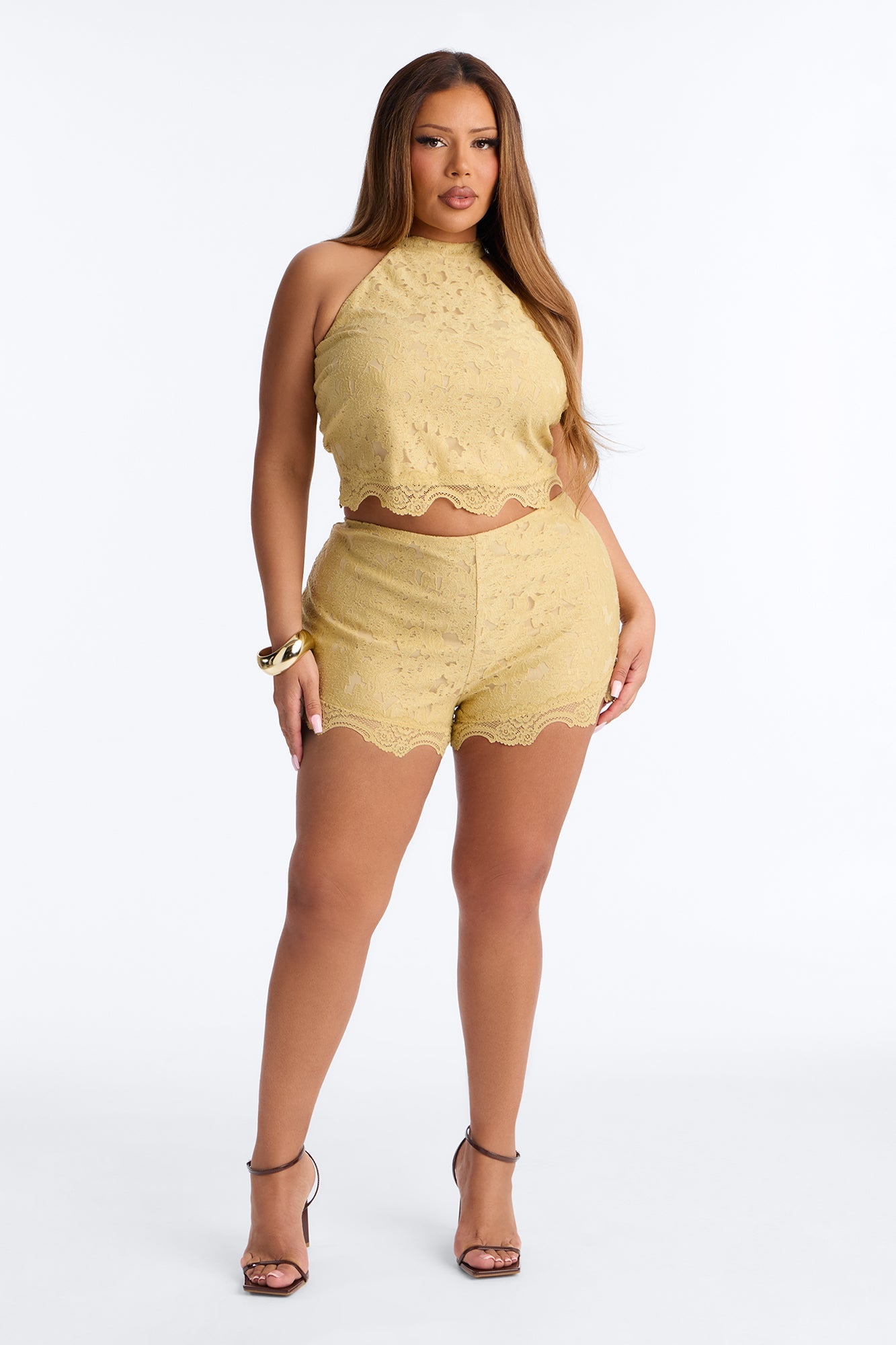 Lace Embrace Halter Top And Short Set - Yellow