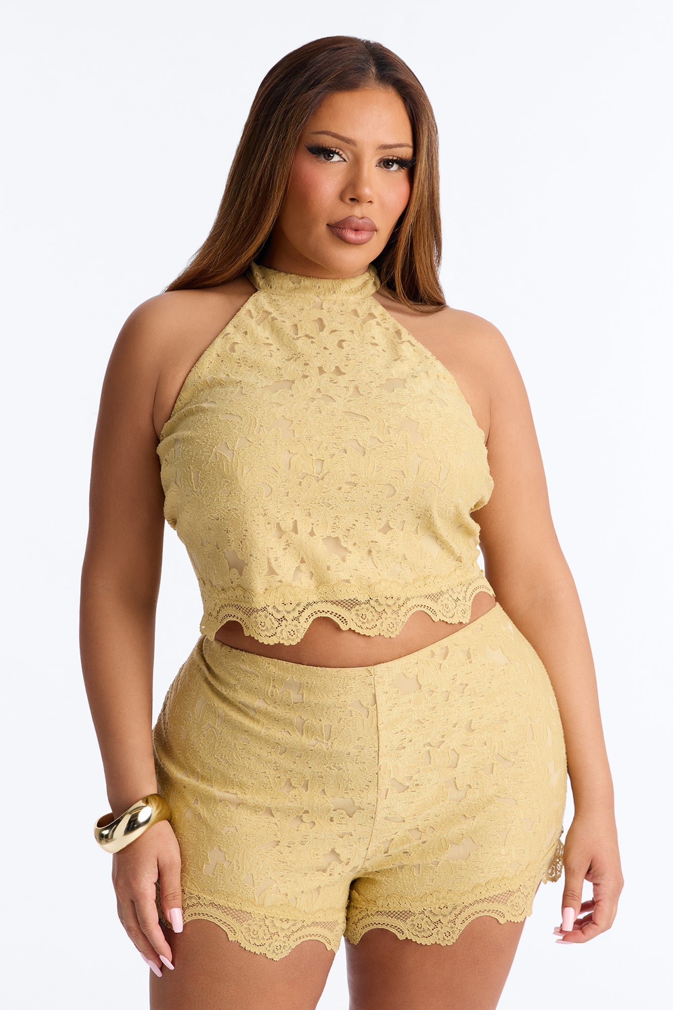 Lace Embrace Halter Top And Short Set - Yellow NEWFASHIONEDGE