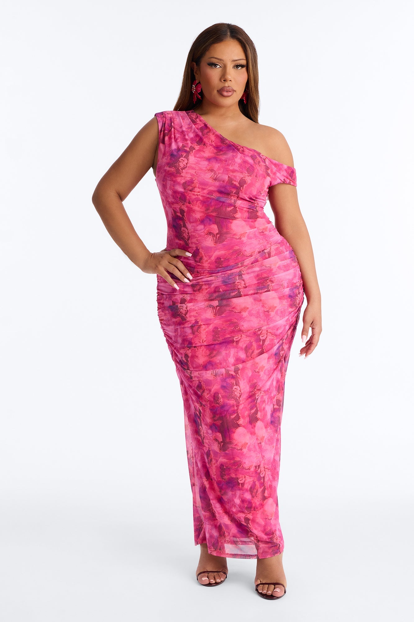 Natalia Ruched Mesh Maxi Dress - Pink/combo Fashion Nova