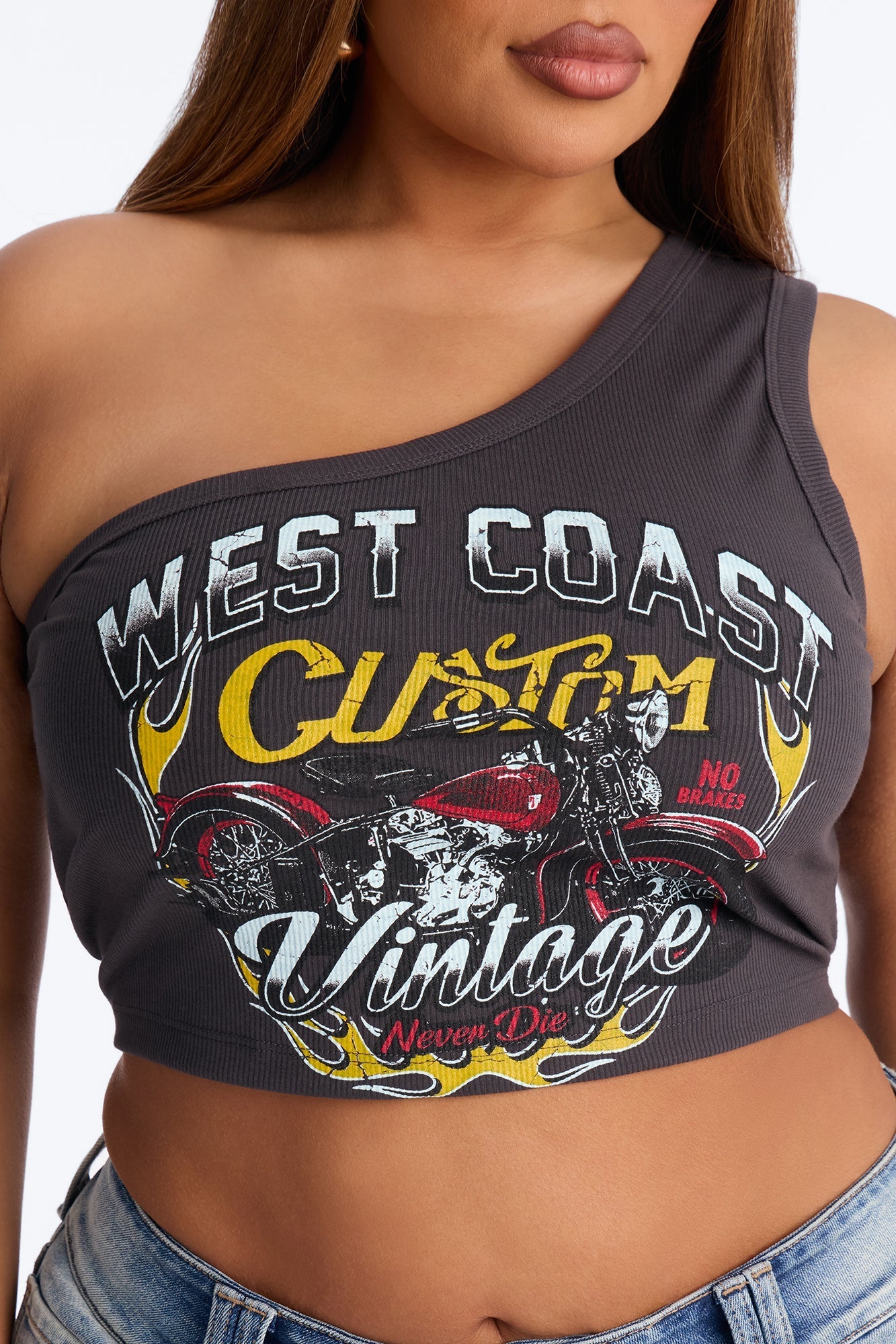 West Coast Riders One Shoulder Tank Top - Grey NEWFASHIONEDGE