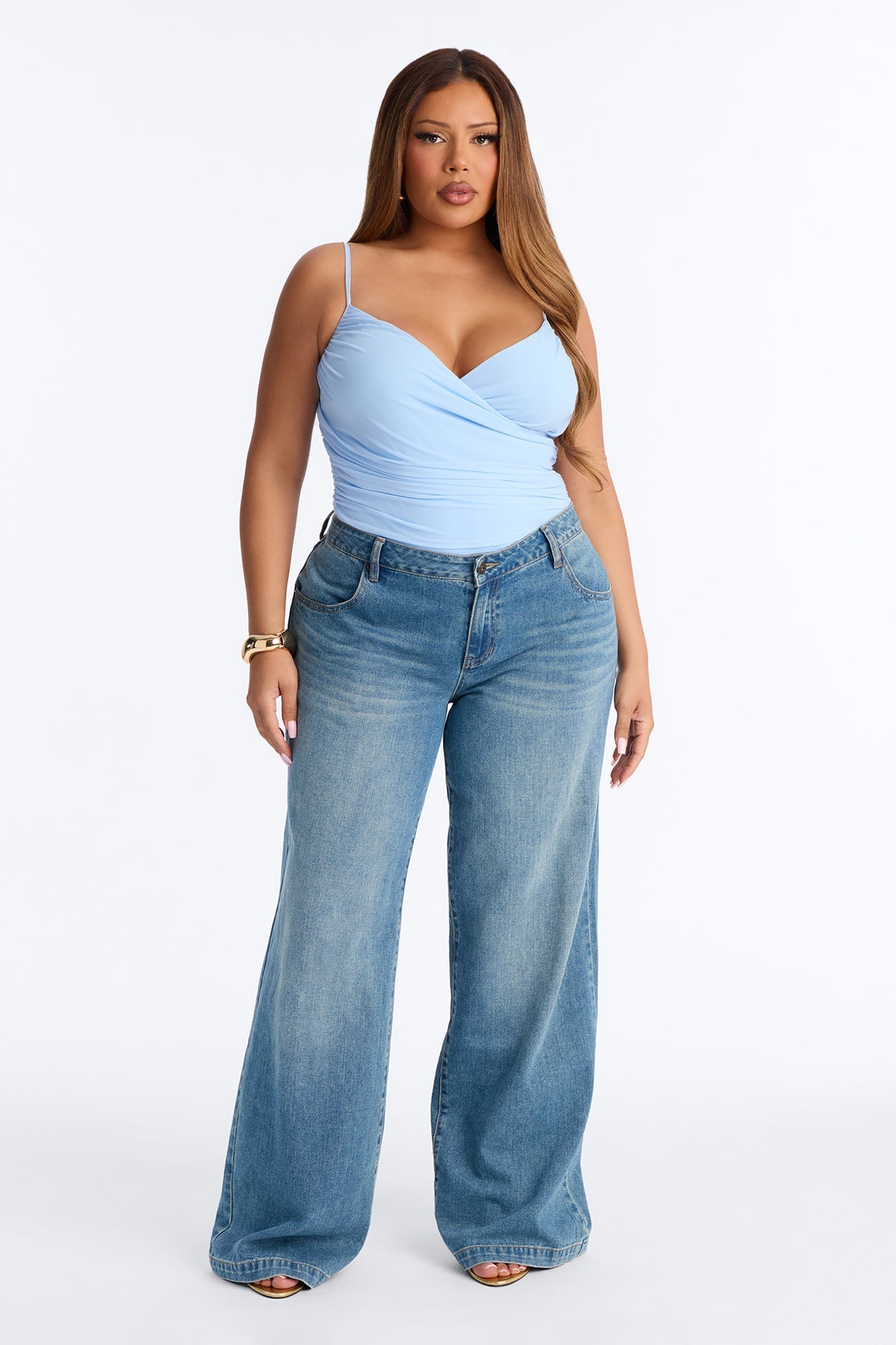 Ariel Ruched Mesh Tank Top Bodysuit - Blue NEWFASHIONEDGE