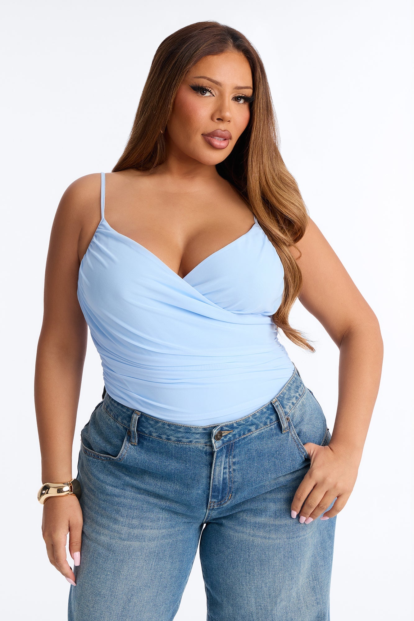 Ariel Ruched Mesh Tank Top Bodysuit - Blue NEWFASHIONEDGE