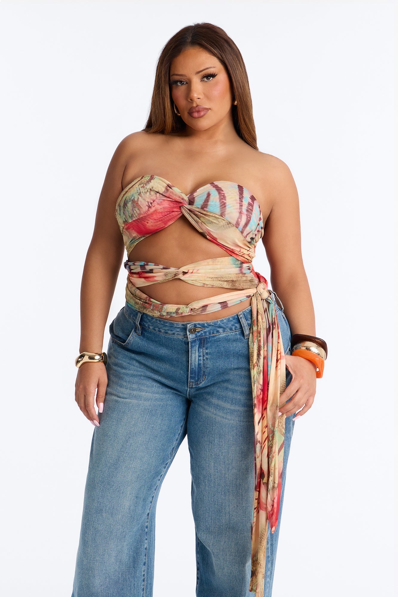 St.Tropez Sunset Tie Waist Mesh Tube Top - Multi Color