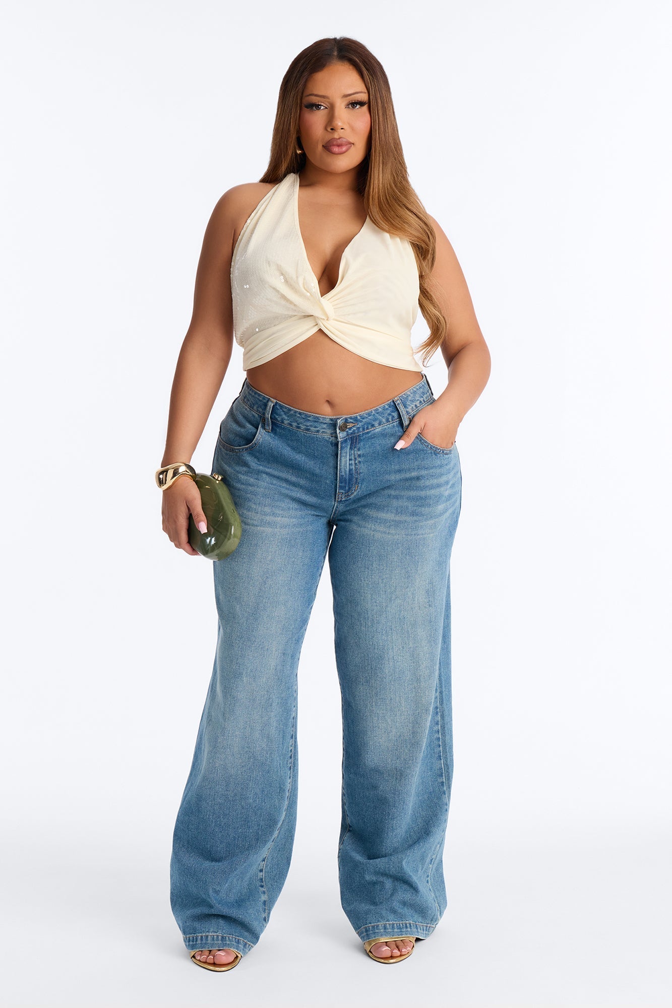 Dani Deep V-Neck Mesh Sequin Halter Top - Cream NEWFASHIONEDGE