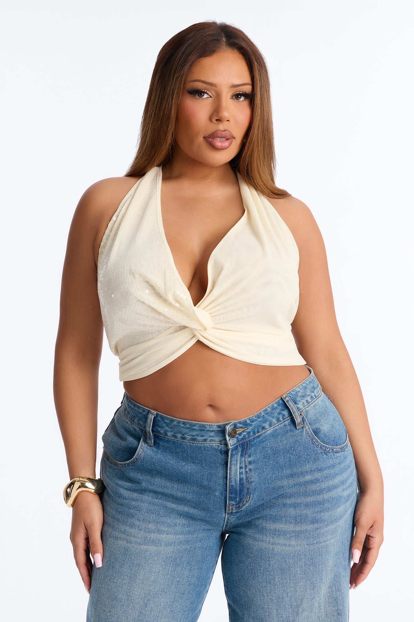 Dani Deep V-Neck Mesh Sequin Halter Top - Cream NEWFASHIONEDGE