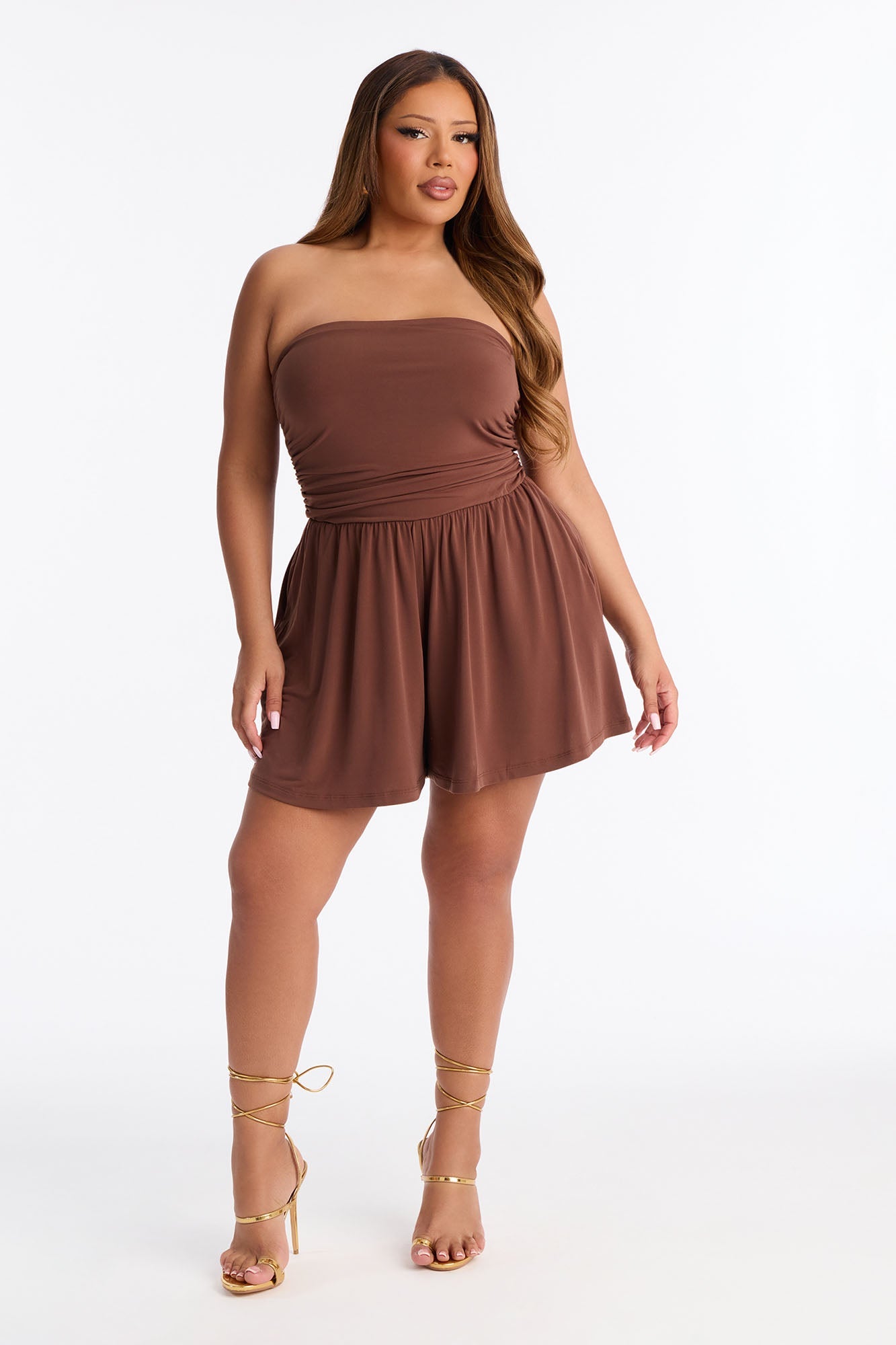 Krisha Strapless Flowy Romper - Brown Fashion Nova