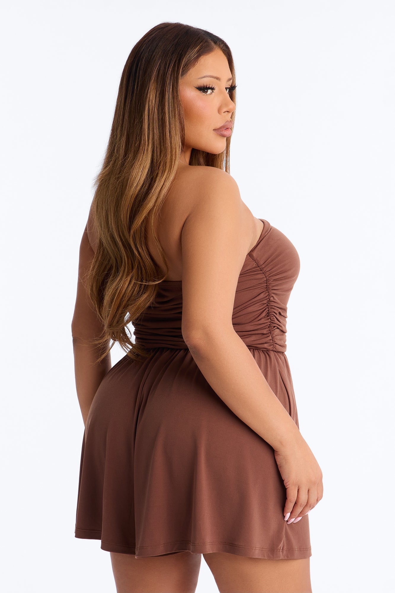 Krisha Strapless Flowy Romper - Brown Fashion Nova