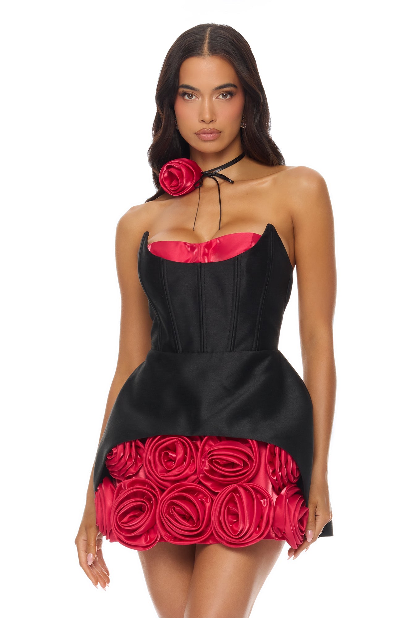 Dahlia Floral Applique Mini Dress - Black/Red