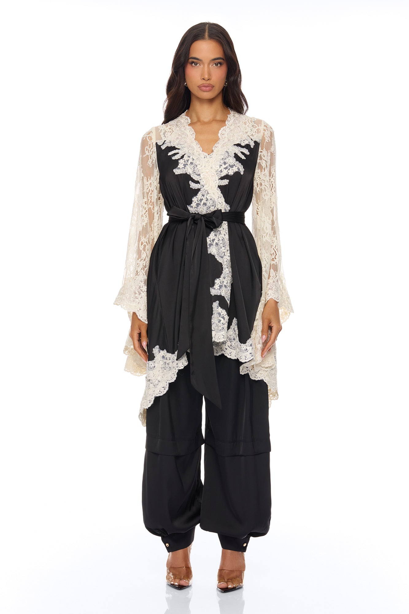 Cathryn Lace Satin Kimono - Black Fashion Nova