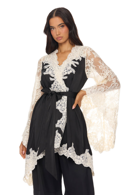 Cathryn Lace Satin Kimono - Black