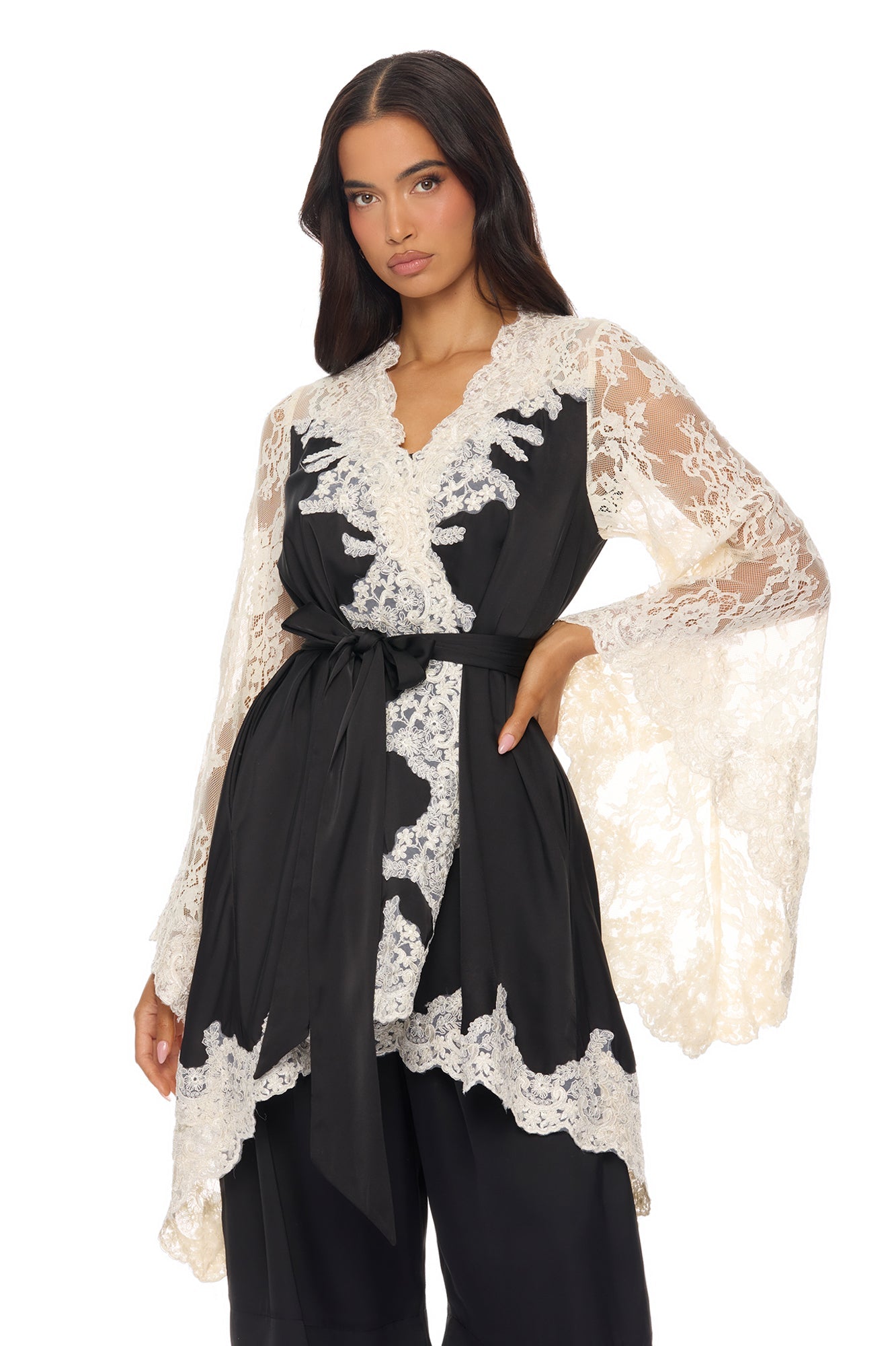 Cathryn Lace Satin Kimono - Black Fashion Nova