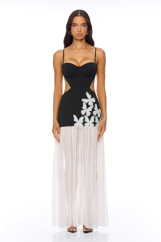 Cherry Blossom Backless Maxi Dress - Black/White
