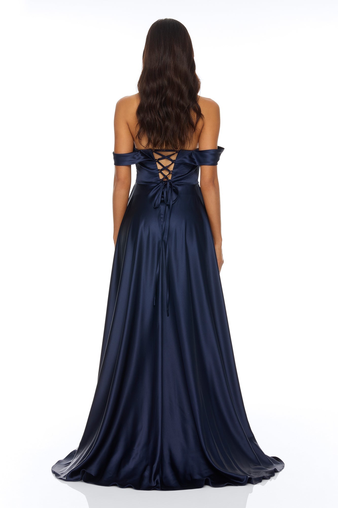Grayson Off Shoulder Satin Maxi Dress - Navy NEWFASHIONEDGE