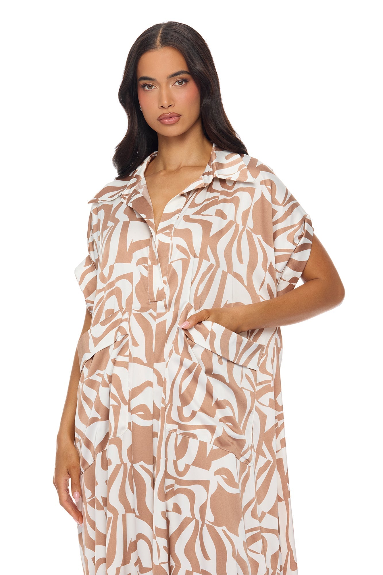 Keep It Causal Wide Leg Satin Jumpsuit - Taupe/combo NEWFASHIONEDGE