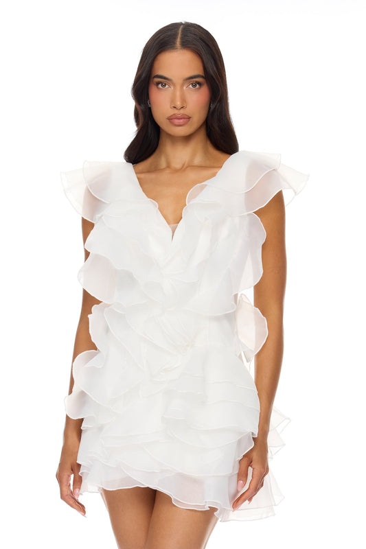 In The Clouds Sleeveless Ruffle Mini Dress - White
